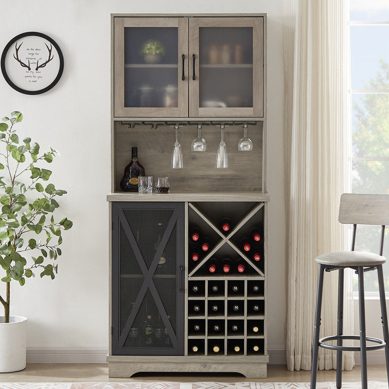 Farmhouse Wine Cabinet With Wine Rack And Glass Holde