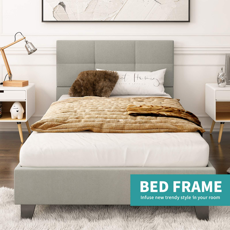 Twin Bed Frame, Metal Platform Bed Frame with Tufted Square Stitched Fabric Headboard