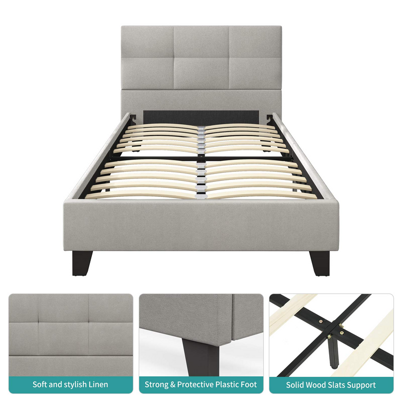 Twin Bed Frame, Metal Platform Bed Frame with Tufted Square Stitched Fabric Headboard