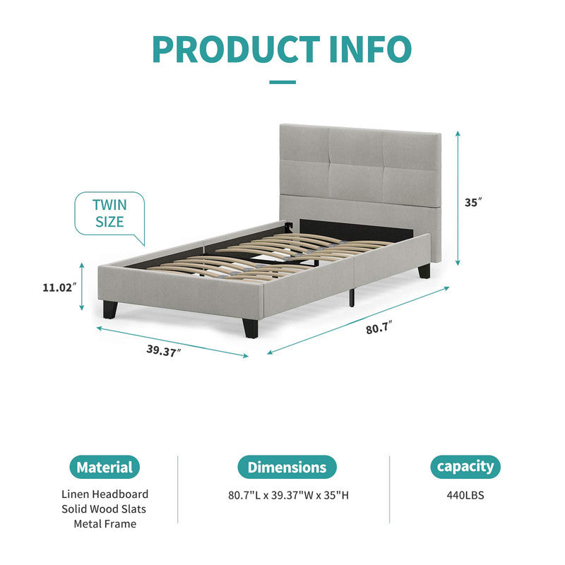 Twin Bed Frame, Metal Platform Bed Frame with Tufted Square Stitched Fabric Headboard